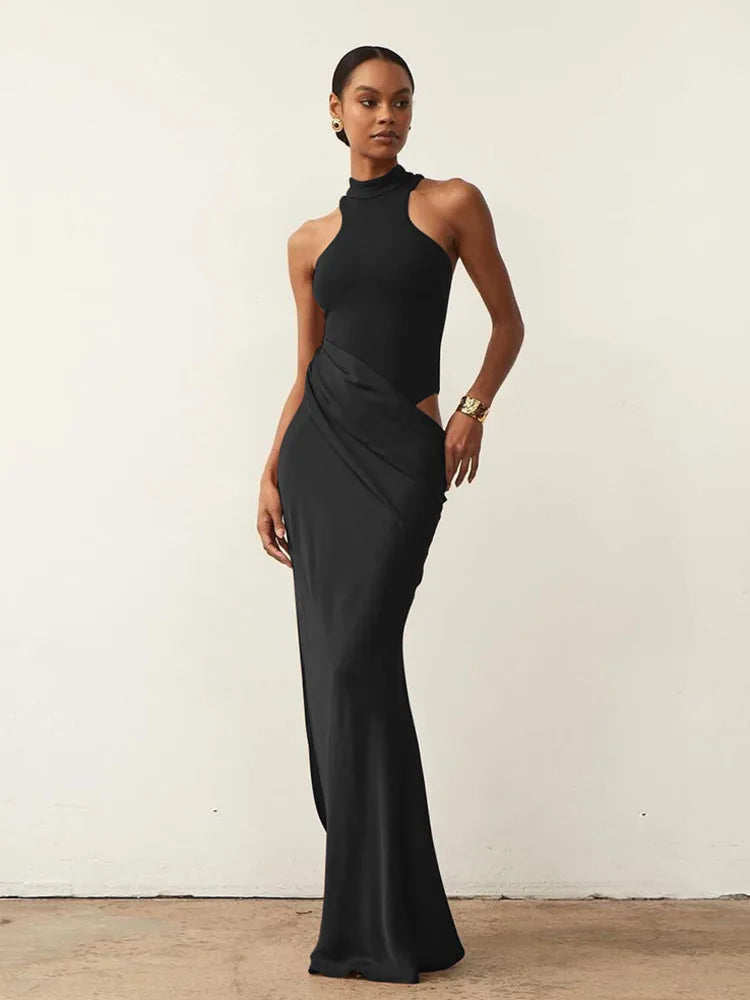 Satin Sexy Hollow Out Women Maxi Dress Sleeveless High Waist Dress Female - Barusatti