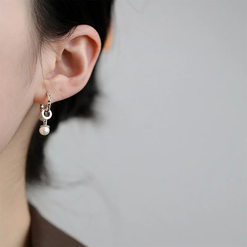 New Trendy 925 Silver Drop Earrings Hoop Pearl Leaf Vintage - Barusatti