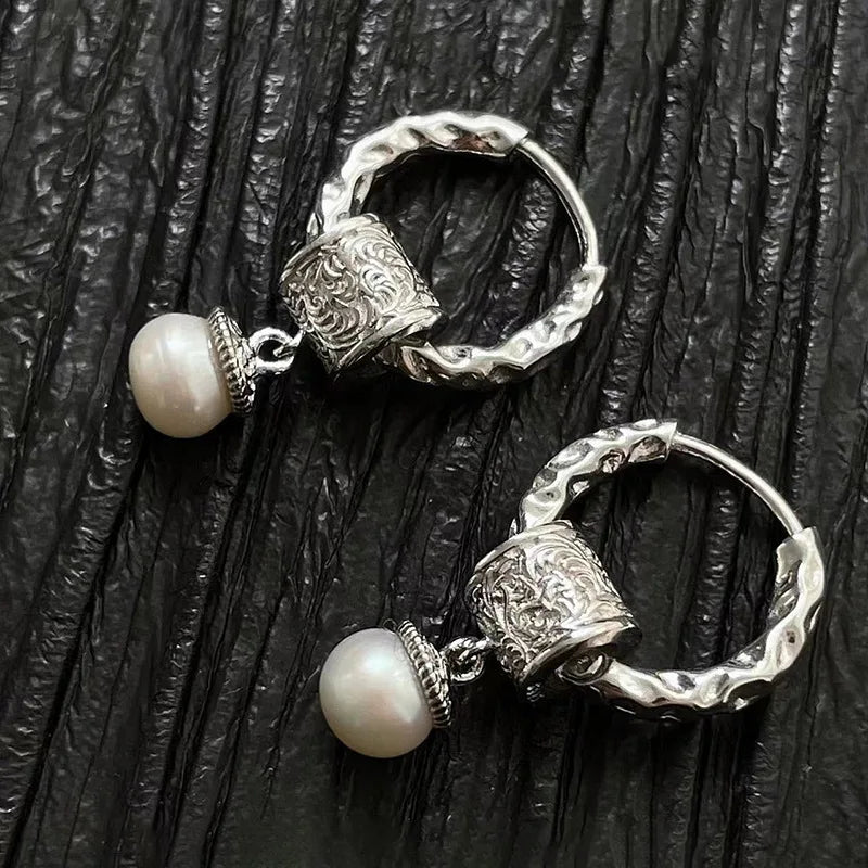 New Trendy 925 Silver Drop Earrings Hoop Pearl Leaf Vintage - Barusatti