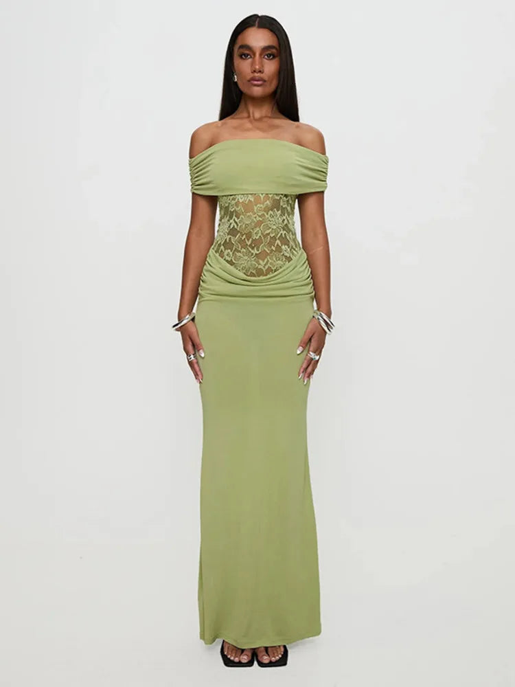Women Dress Green Off Shoulder Evening Dress - Barusatti
