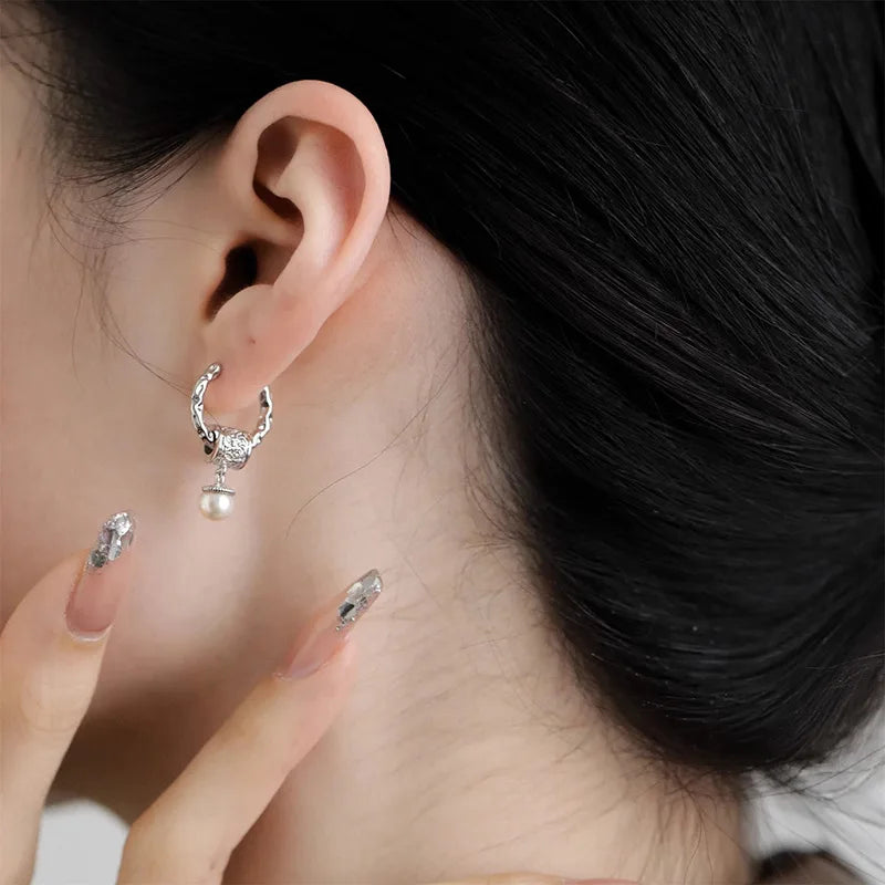 New Trendy 925 Silver Drop Earrings Hoop Pearl Leaf Vintage - Barusatti
