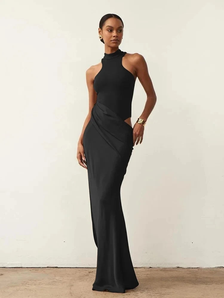 Satin Sexy Hollow Out Women Maxi Dress Sleeveless High Waist Dress Female - Barusatti