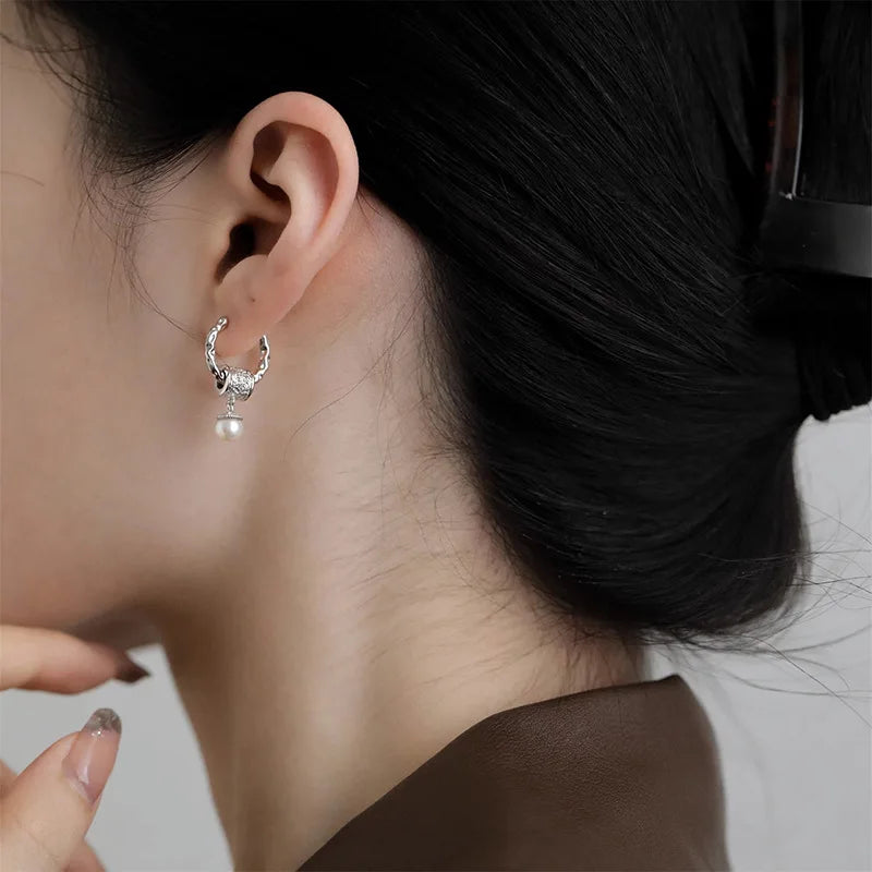 New Trendy 925 Silver Drop Earrings Hoop Pearl Leaf Vintage - Barusatti