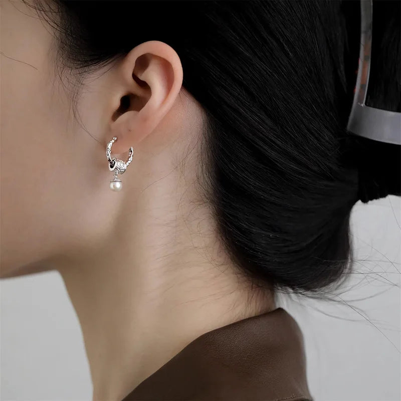 New Trendy 925 Silver Drop Earrings Hoop Pearl Leaf Vintage - Barusatti