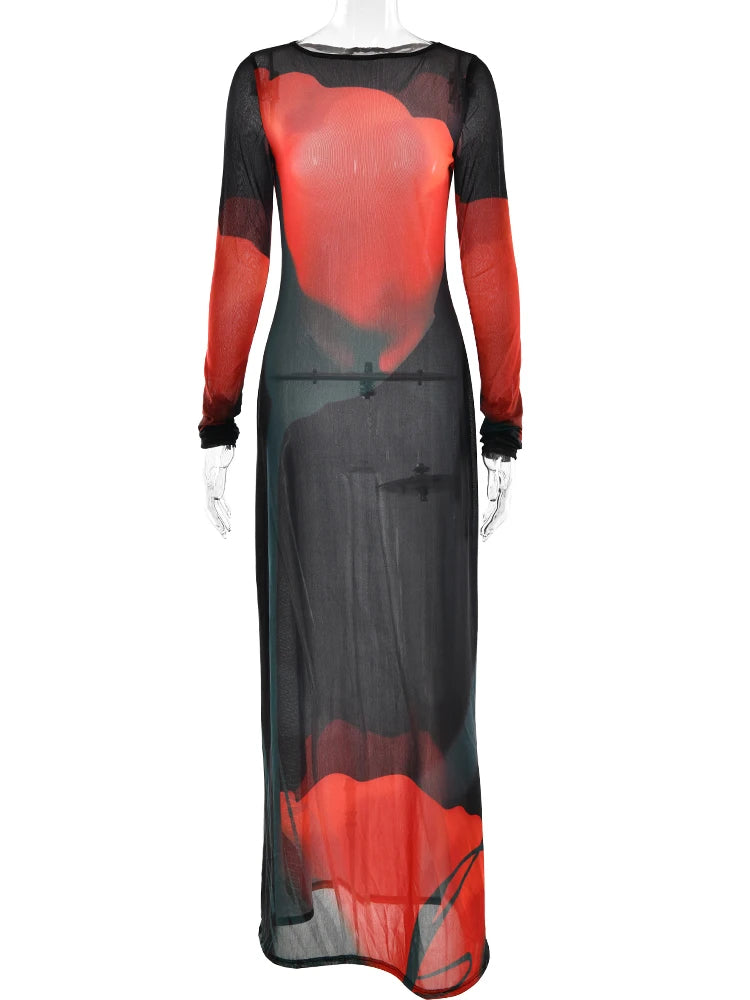 Floral See Through Mesh Women Maxi Dress - Barusatti