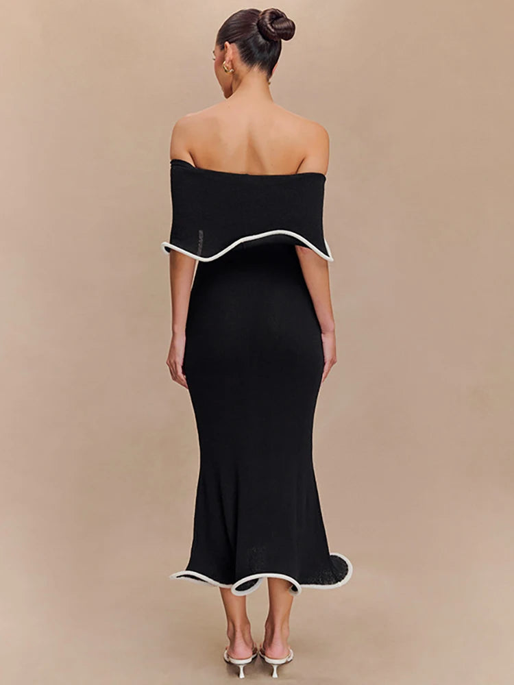 Strapless Ruffles Women Midi Dress Black Backless High Waist - Barusatti
