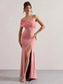 One Shoulder Mesh Women Maxi Dress Pink High Slit Evening Dress Female - Barusatti