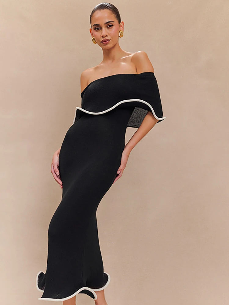 Strapless Ruffles Women Midi Dress Black Backless High Waist - Barusatti