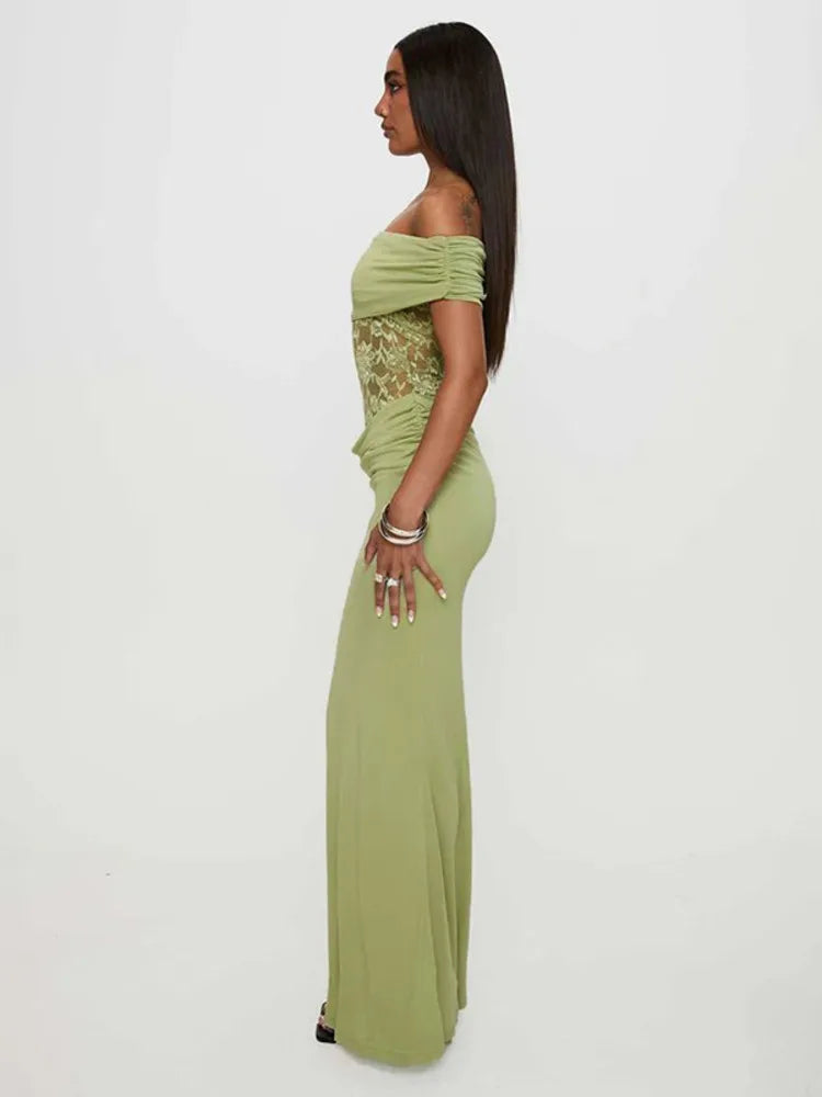 Women Dress Green Off Shoulder Evening Dress - Barusatti