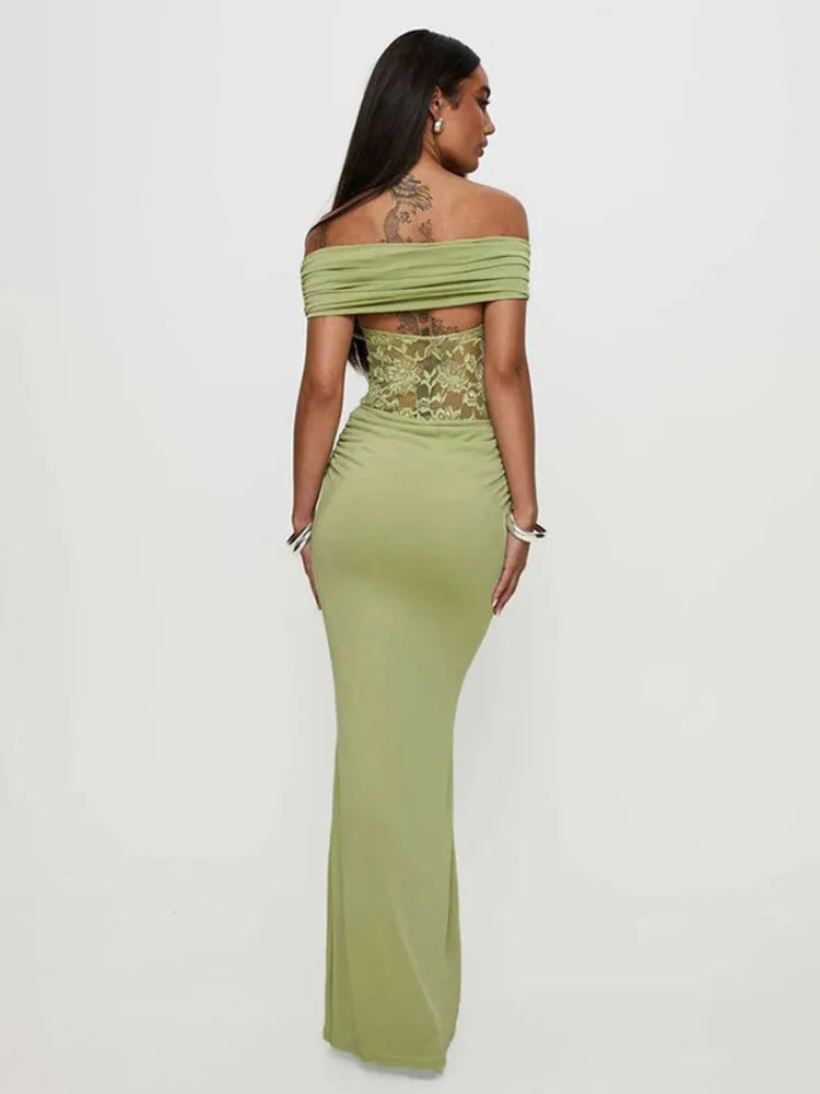 Women Dress Green Off Shoulder Evening Dress - Barusatti