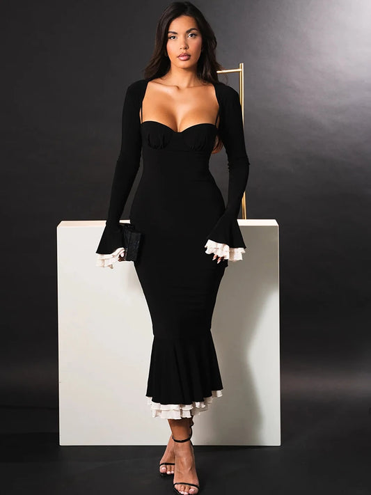 Two Piece Sets Women Mermaid Dress Flare Sleeve Evening Dress - Barusatti