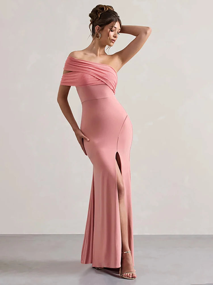 One Shoulder Mesh Women Maxi Dress Pink High Slit Evening Dress Female - Barusatti
