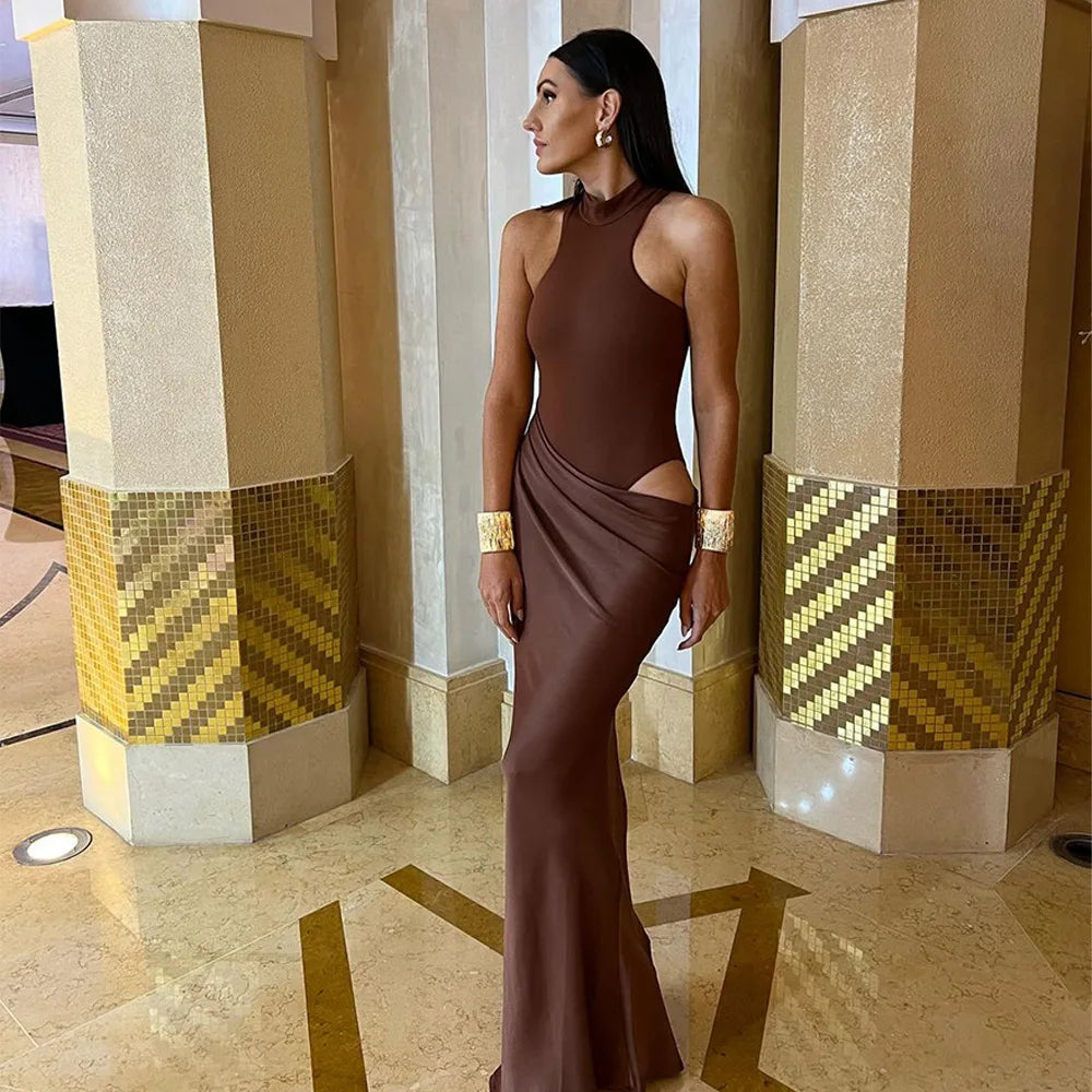 Satin Sexy Hollow Out Women Maxi Dress Sleeveless High Waist Dress Female - Barusatti