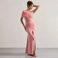 One Shoulder Mesh Women Maxi Dress Pink High Slit Evening Dress Female - Barusatti