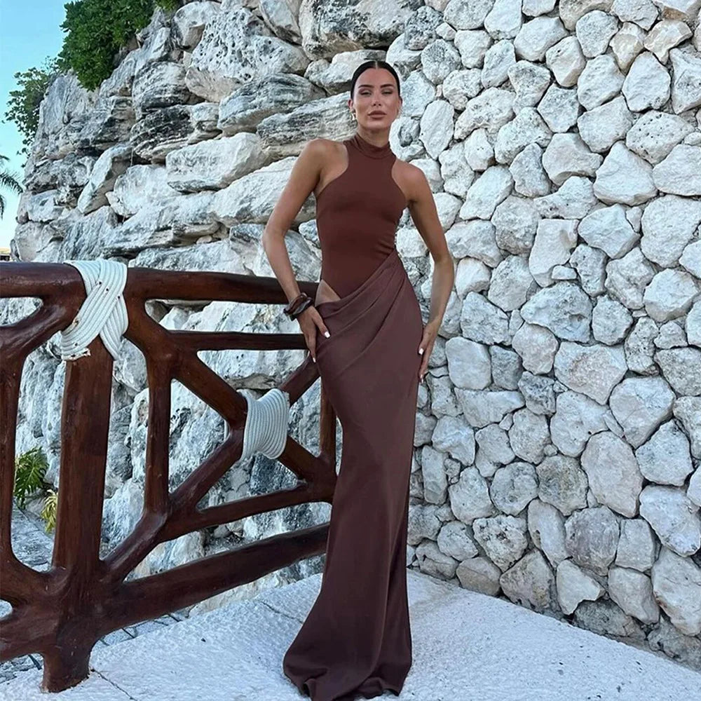 Satin Sexy Hollow Out Women Maxi Dress Sleeveless High Waist Dress Female - Barusatti