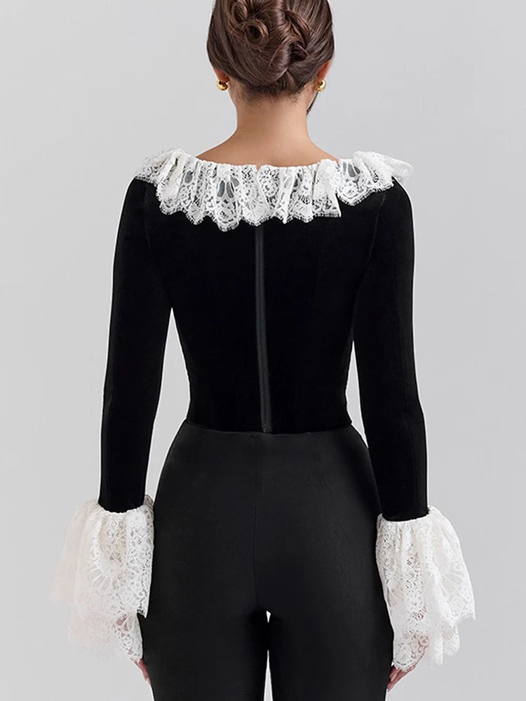 Square Collar Lace Women T-shirt Flare Sleeve Short T-shirt Femme - Barusatti